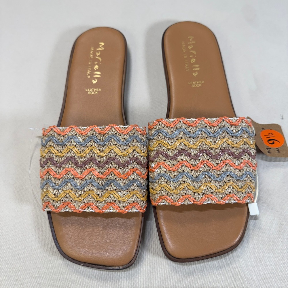 Mariella Made in Italy Woven Chevron Slide Sandals Square Toe Orange Multi 9.5 M